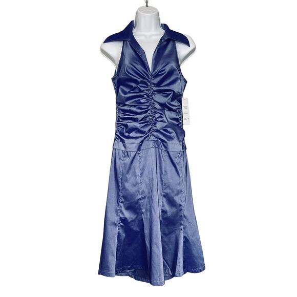 Vintage Adrianna Papell Collared Taffeta Ruched Front Dress In Periwinkle 4 NWT - Picture 1 of 16